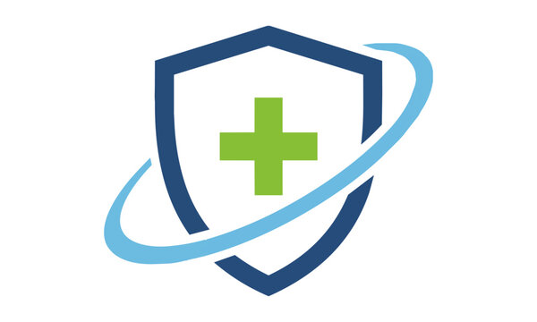 Minimalist medical shield icon with a central plus sign and orbital swoosh lines isolated on white healthcare and wellness concept