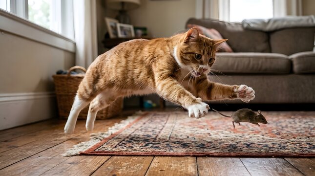 Predator Orange Cat Hunting Mouse In Living Room