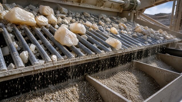 Industrial Ore Processing: Large chunks of ore are sifted and separated by an industrial screening machine, a crucial step in mineral extraction and material processing.