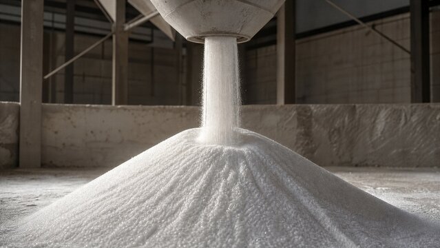 Industrial Grain Silo Loading: White granular material, likely grain or powder, pours from a chute into a large pile inside an industrial building, showcasing bulk material handling and storage.