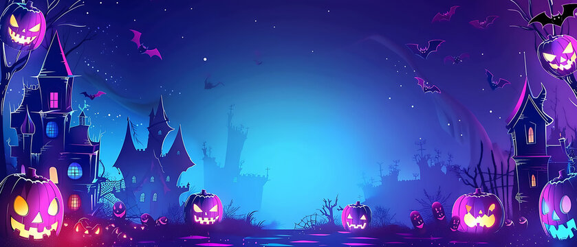 Vibrant Neon Synthwave Halloween Spooky Castle Wide Banner with Central Copy Space for October Retro Party Web Slider