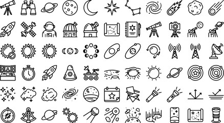 Astronomy Space Exploration Astronomy Line Art Science and Telescope Vector Icon Set Isolated on White Background © Hasal