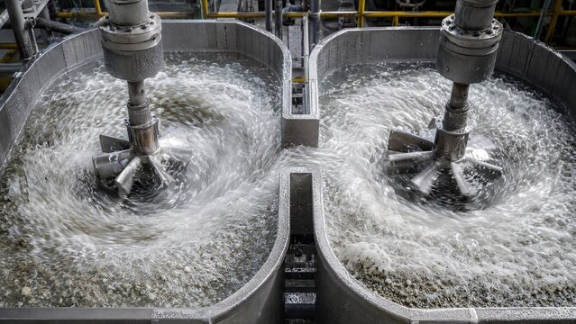 Industrial Mixing Tanks: Two large industrial mixing tanks churn vigorously with agitated liquid, showcasing a dynamic process in a manufacturing facility.