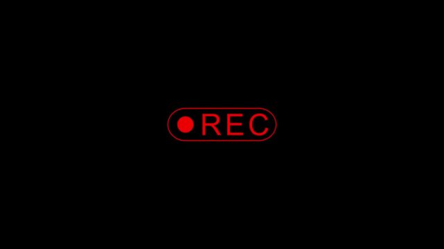 Camera rec recording sign with blinking red dot button isolated on black background 4k motion video with alpha channel