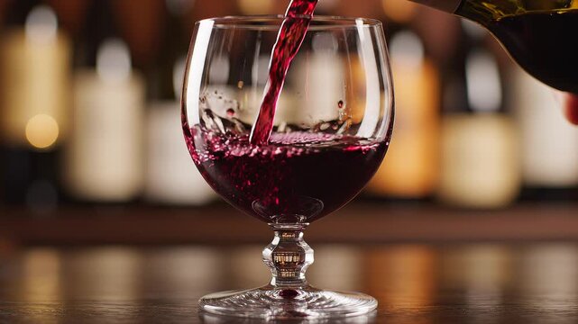 Red wine is poured into a clear glass goblet against a blurred warm background.