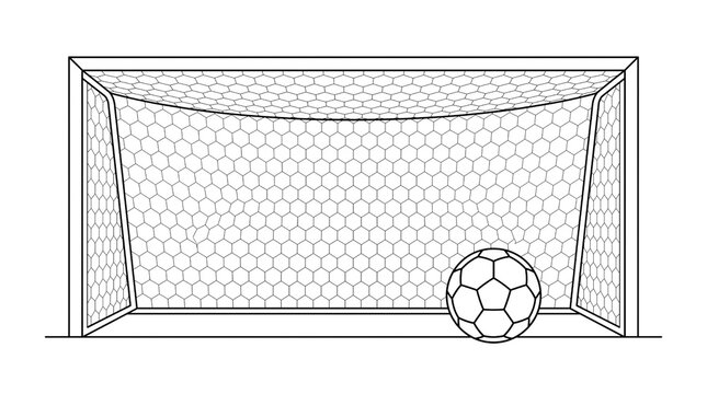 Minimalist soccer goal line art, football net with ball illustration, black and white sports equipment sketch for coloring