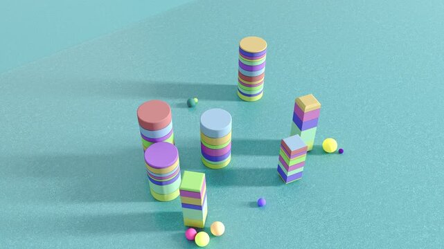 Abstract 3D illustration of colorful stacked cylinders and rectangular block towers with scattered spheres on a textured turquoise surface, casting long soft shadows.