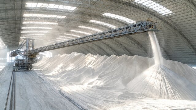 Bulk Material Handling in Industrial Warehouse: A massive conveyor belt system moves and stacks piles of white bulk material inside a large industrial warehouse with arched roof.