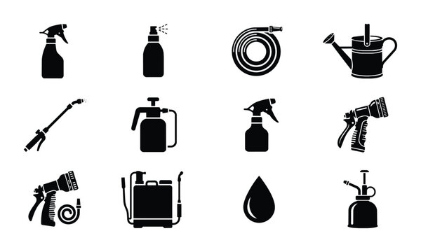 Gardening Tools Vector Icons: Sprayers, Hose, Watering Can, Pressure Washer, Droplet, 12 Elements Set