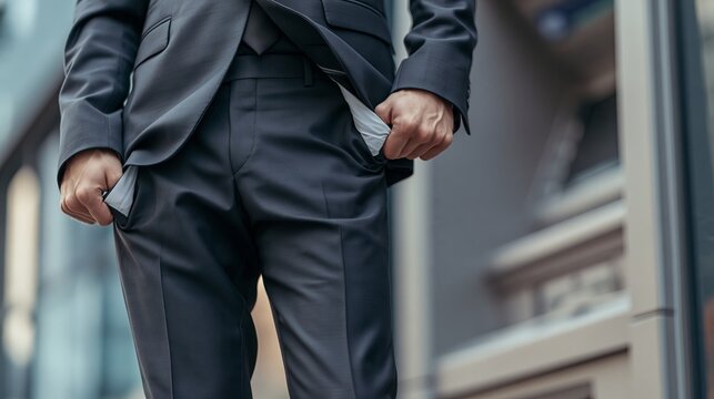 Businessman showing empty pockets, financial problems concept. Businessman pulling out empty pockets, symbolizing financial difficulties near an ATM