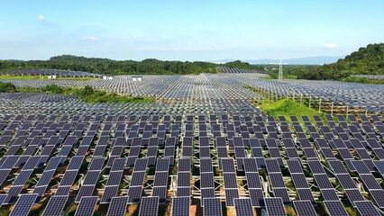 Fototapeta premium vast solar panel arrays arranged in neat rows across green fields