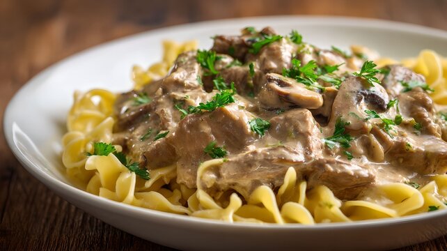 Beef stroganoff with egg noodles and mushrooms on a white plate