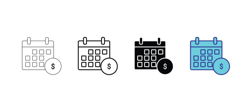 Set of financial calendar vector icons payday, payment due date symbols in outline, solid, and color styles