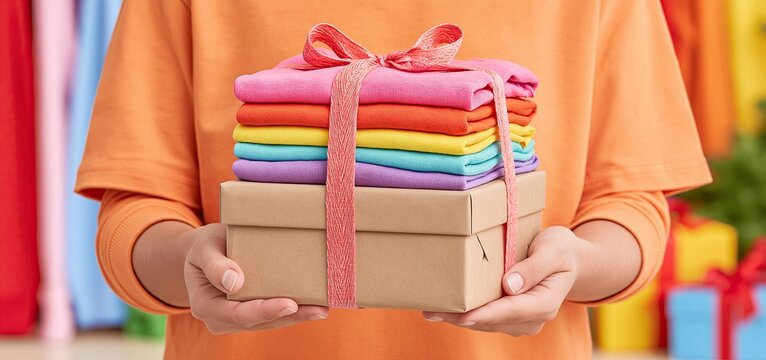 Hands holding a neatly wrapped gift box filled with colorful clothing in a festive holiday setting.
