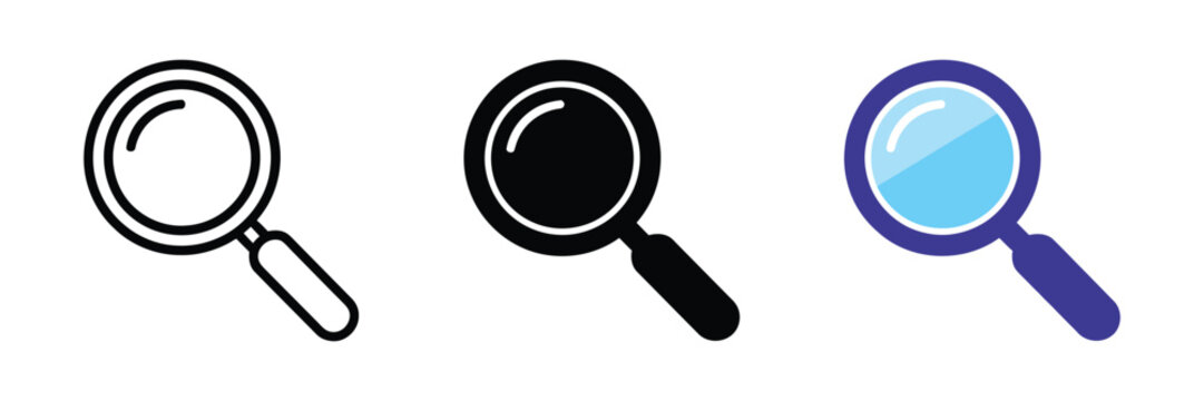 Magnifying glass icons in three different styles, search symbols representing zoom, discovery, inspection, research, navigation, and digital interface design.