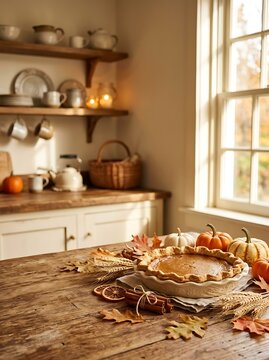 Cozy country kitchen with pumpkin pie and autumn decorations on a wooden dining table autumn decor holiday meal seasonal bake kitchen interior shelf arrangement dining room thanksgiving setting