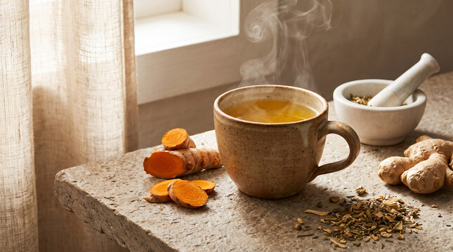 Hot turmeric tea with fresh root and ginger on rustic stone table by window