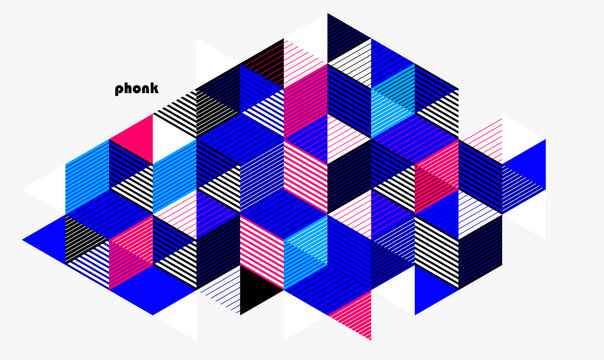 Abstract vector wallpaper with 3D isometric cubes blocks, geometric construction with blocks shapes and forms, cubic polygonal low poly theme.