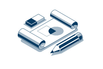 Fototapeta na wymiar Engineering project concept, paper document blueprint with pencil engineer work job vector 3D isometric illustration, abstract plan drawing, cad scheme icon line art style.