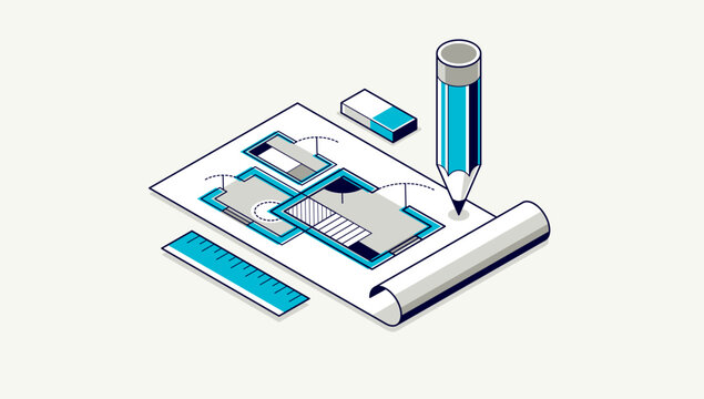 Engineer at work concept, engineering job, paper document blueprint engineering vector 3D isometric illustration, abstract draft drawing, cad technical plan.