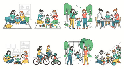 Fototapeta premium Two Moms Playing with Their Child Line Art Illustration