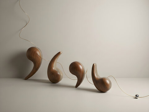 Four smooth dark wooden comma shaped decorative sculptures arranged in a row on a neutral beige studio background surface