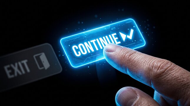 Hand pressing glowing blue continue button on digital interface for seamless workflow transition