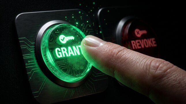 Hand pressing glowing green grant approval button on digital interface for funding success