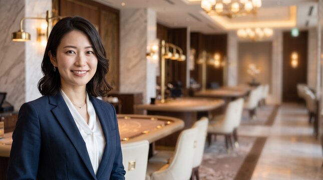 プロフィール写真をイメージした、高級感のある無人のカジノにて穏やかな笑顔をカメラに向けている、知的な印象の20代日本人女性社員のバストアップポートレート
