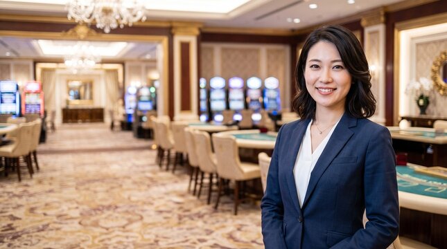 プロフィール写真をイメージした、高級感のある無人のカジノにて穏やかな笑顔をカメラに向けている、知的な印象の20代日本人女性社員のバストアップポートレート