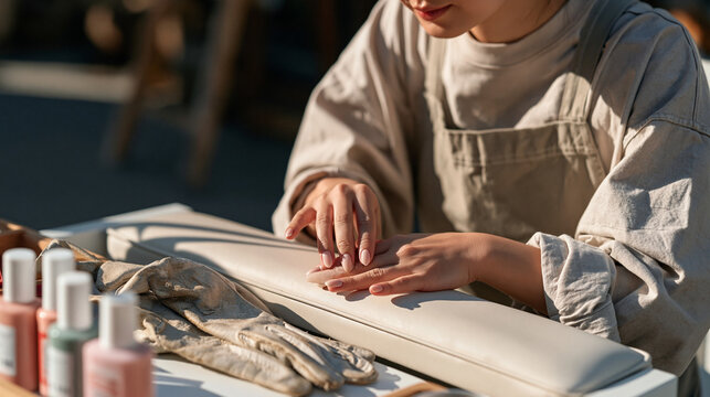 A face painter in harsh midday sun runs bare hands across a freshly cured nail extension texture at an outdoor spa chair setup, a pair of worn leather gloves resting on the table