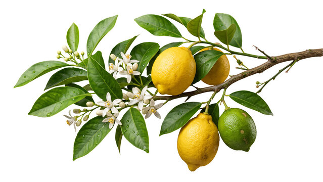 Fresh lemon and lime fruit arrangement with flowers and green leaves isolated PNG on transparent background, vibrant citrus botanical composition