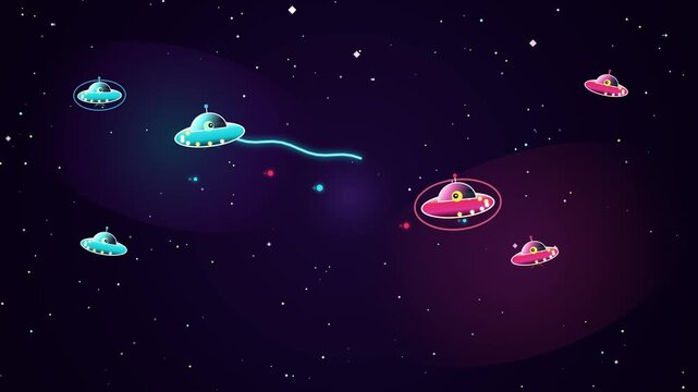 Retro Cartoon UFO Space Battle Vector Illustration with Cute Flying Saucers and Laser Beams