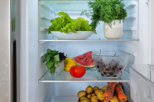 Full frame view of an open stainless steel domestic fridge inner shelves loaded with colorful fresh produce. Organized green lettuce, aromatic dill, fresh basil, red tomato, sweet pepper, juicy