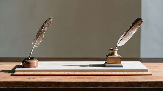 A feather quill resting beside an inkwell on a bare wooden surface in an empty, desolate room, a ruler positioned alongside for compositional scale, the isolated still life
