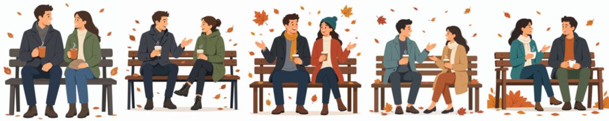 Fototapeta premium Vector illustration of a man and woman sitting on a park bench, drinking hot coffee and chatting casually in autumn