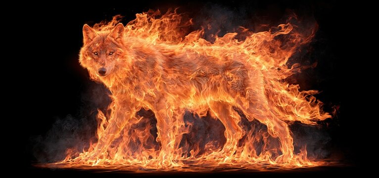 A wolf outline engulfed in vivid flames, set against a smoky backdrop, highlighting fierce wildlife energy.