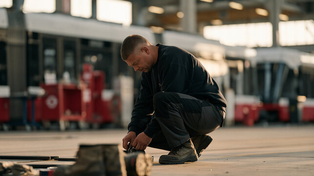 A tram operator in an empty industrial depot crouches to repair a brake component with well worn boots visible in the foreground while a candid wide shot captures the lone figure