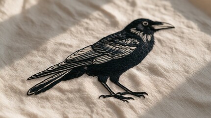 Obraz premium Black crow bird illustration on textured fabric background for artistic design projects