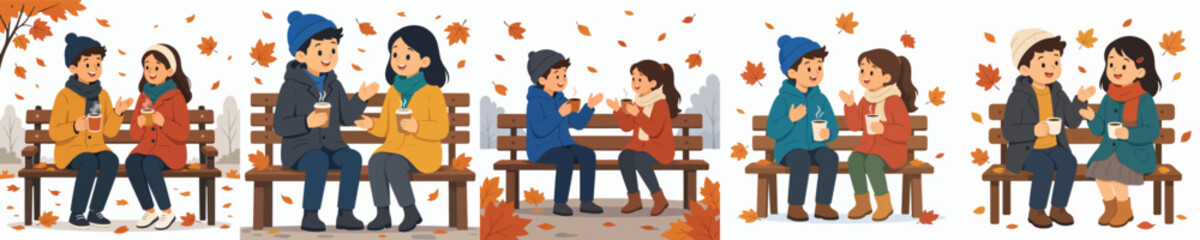 Obraz premium Vector illustration of a children sitting on a park bench, drinking hot coffee and chatting casually in autumn