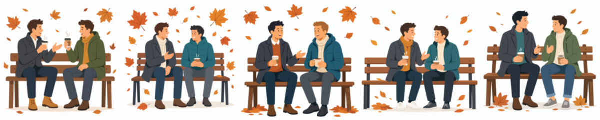 Fototapeta premium Vector illustration of men sitting on a park bench, drinking hot coffee and chatting casually in autumn