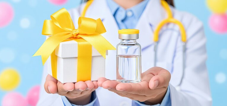 A healthcare professional showcasing a ribbon-adorned vaccine bottle to promote rabies awareness and vaccination efforts.