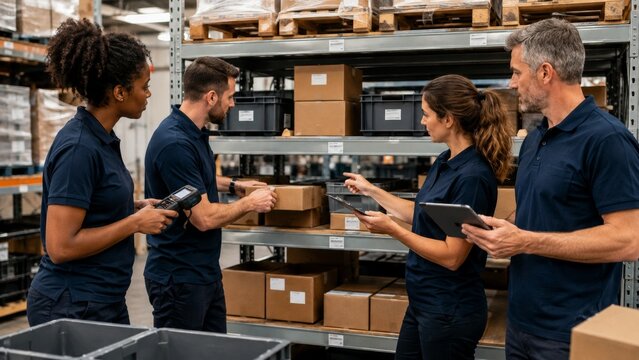 /8k/photorealistic /lifestylephoto /logistics /warehouse /supplychain /teamwork &mdash; Four logistics workers in a cosmetics returns hub collaboratively evaluating returned parcels on a clean table, one ch