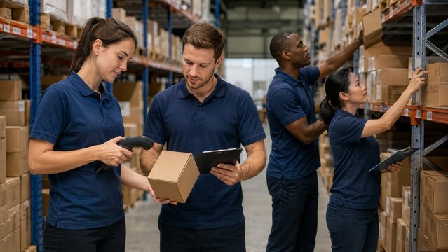 /8k/photorealistic /lifestylephoto /logistics /warehouse /supplychain /teamwork &mdash; Four logistics workers in a cosmetics returns hub collaboratively evaluating returned parcels on a clean table, one ch