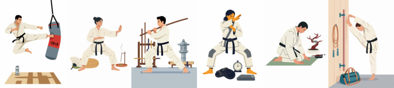 A set of flat illustrations depicting martial arts practitioners in white uniforms performing various techniques including kicks, staff work, stretching, and meditation.