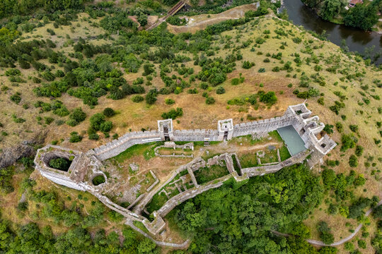Ruins of medieval fortress Maglic on top of hill by the Ibar river in Serbia. On the wall of medieval fortress Maglic