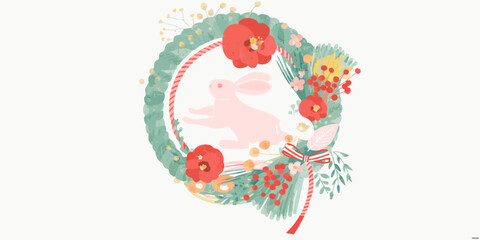 Fototapeta premium Floral wreath with a pink rabbit and red poppies watercolor illustration