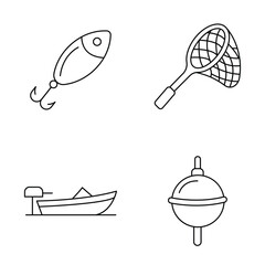 Set of fishing outline icons showing a lure, landing net, boat and bobber element. © ZAY