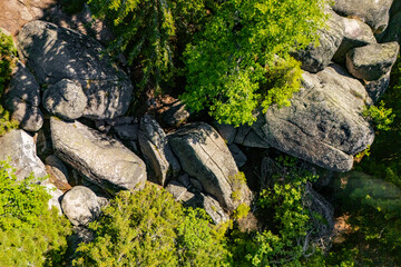 Granodiorite rock formation with visible signs of weathering and erosion known as Markov kamen. Markov Kamen famous rock in between the trees on the Kopaonik mountain in Serbia © nedomacki