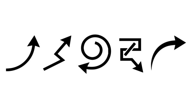 Arrow set with curved arrows, zigzag arrow, spiral arrow, rotate arrow and bending arrow featuring direction, movement, change, progress with icons and vector